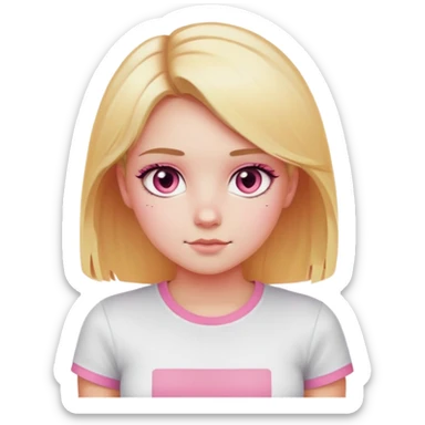 A girl with blonde hair that is light pink at the bottom and black at the other half and orange at the bottom, dark pink eyes, pink cheeks, and wearing a tight white T-shirt sticker