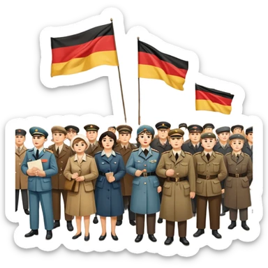 East German protest scene with people holding protest signs, DDR flag, Berlin Wall, subdued mood, 1950s sticker