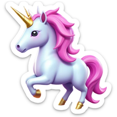 Clash of Clans aesthetic: Cinematic Playful Unicorn Mount Emoji, rendered in a 3D vector-style similar to standard emojis with minimal shading and bold, simplified shapes. A compact, isometric majestic unicorn with a spiraled horn and flowing mane, softly glowing with a magical celestial charm. Simplified yet unmistakably iconic, highly detailed and consistent, glowing with a soft radiant brilliance and high shine. Stylized with a touch of enchanted fantasy and a soft glowing outline, capturing the essence of a mythical mount with a friendly, playful elegance! sticker