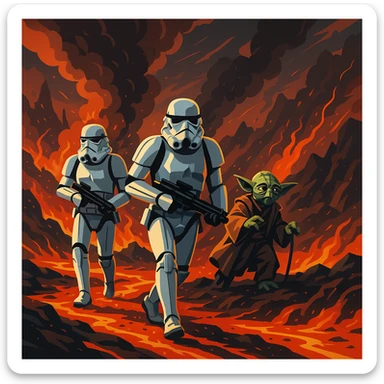 vector art of a Starwars stormtroopers is walking on lava planet with yoda, battleground background

 sticker
