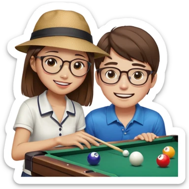 Chinese Girl without glasses and young white man with a hat and glasses brown hair playing table pool, the white man is crying and Chinese girl is smiling  sticker
