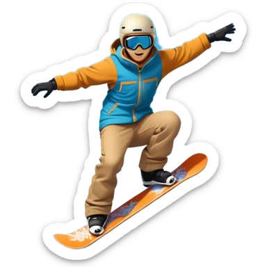 An icon featuring a snowboarder mid-jump, performing a stylish trick above a snowy mountain slope. The background showcases powdery snow, evergreen trees, and a bright blue sky. Transparent background captures the energy, skill, and thrill of snowboarding. sticker