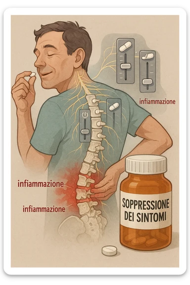 Man taking pain medication for chronic back pain, pills shown as dimmer switches turning down pain signals in transparent nervous system overlay, underlying spinal damage remaining completely untreated and worsening, expression of temporary relief masking progressive deterioration, medication bottle labeled 'symptom suppression' not 'cure', root cause inflammation continuing to spread in italiano sticker