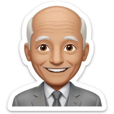 70 yr old man, almost bald, some white hair, pakistani, light grey business suit, big smile, dark brown skin, no moustache
 sticker