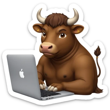 bull sitting in front of a macbook, working  sticker