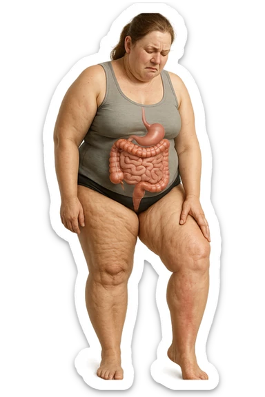 DONNA REALISTICA A FIGURA INTERA CON CELLULITE E GAMBE PESANTI E DOLORANTI, INTESTINO ANATOMICO IN EVIDENZA, CELLULITE VISIBILE, SI TOCCA LA GAMBA CON ESPRESSIONE DI FASTIDIO IN VOLTO, IPERREALISTICA 4K sticker