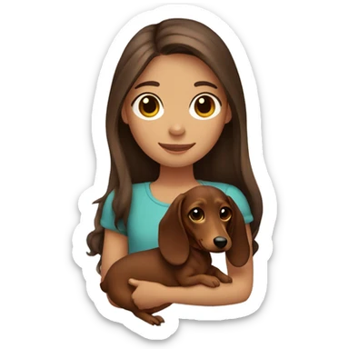 Girl long brown hair smiling and brown eyes with long eyelashes and holding a dachshund  in her arms sticker