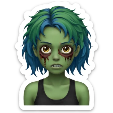 Crie um emoji de uma garota zumbi com a pele verde, como deste emoji "🧟‍♀️". Põem com uma regata de cor preta, os cabelos castanhos na altura do ombro e picotado, liso na raiz e cacheado nas pontas e com mechas azuis sticker