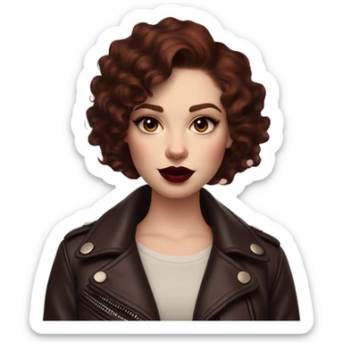 Girl with very pale skin, mahogany curly short hair with a side part, heavy cat-eye makeup, long eyelashes, dark maroon blush and lipstick.  Her eyebrows are dark, arched and very high.  Hazel eyes. Big lips. Thin. Wearing a leather jacket  sticker