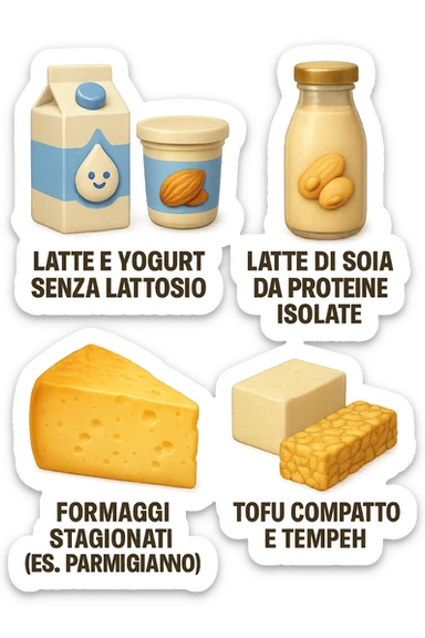 emoji stile iphone 3d di questi elementi che fluttuano in aria:

Latte e yogurt delattosati
Latte di mandorla (non zuccherato)
Latte di soia da proteine isolate
Formaggi stagionati (es. parmigiano)
Tofu compatto e tempeh
 che fluttuano in aria,  le etichette scrivile in italiano, iperealistico 4k sticker