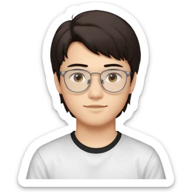 iOS-style emoji
Young man, about 18 years old, with slightly masculine features.
 Slightly Asian eyes, light skin tone, friendly and expressive face.
Accessories and details: Glasses, very dark brown hair, mullet style (short, structured).
Background and clothes: White background and white t-shirt. sticker
