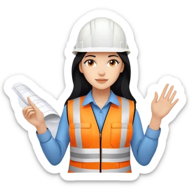 Female civil engineer with long black hair wearing white helmet and an orange safety vest looking at big drawing plan on her hand  sticker