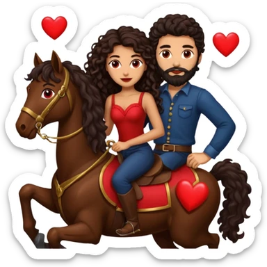 pareja de Mujer morena rizada cabello largo castaño ojos oscuros y hombre piel blanca con caballo oscuro con barba y ojos marron alrededor de la pareja corazones sticker