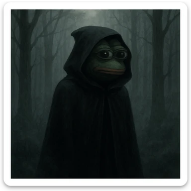 Пэпэ with a dark cloak and a mysterious aura, standing in a foggy forest sticker