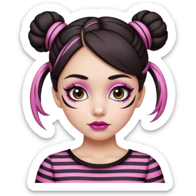 generate a pretty fair bratz girl with dark brown eyes. Dark brown hair straight hair with pink highlights tied into buns. Big eyeliner. black lipstick. Black and white striped top.  sticker