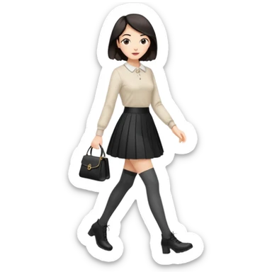 a fashionable gen Z woman, walking confidently with a skirt and stylish tights sticker