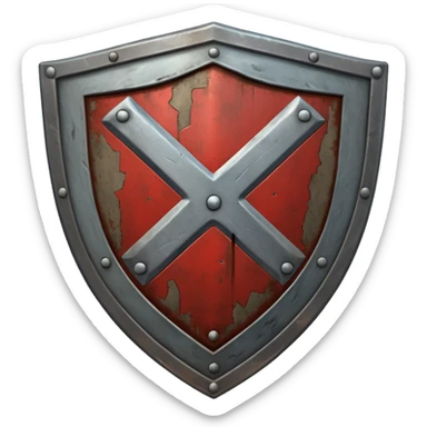 a battle worn steel shield with engraved text "XXX", the text should be prominent and in the center of the shield sticker