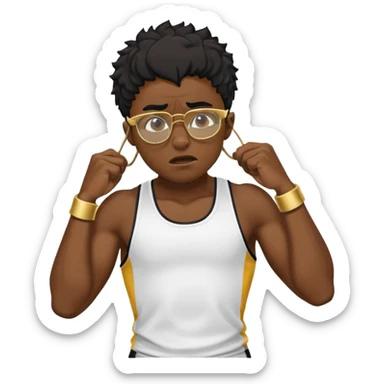 black boy athlete in stringer with gold glasses frustrated pulling hair sticker