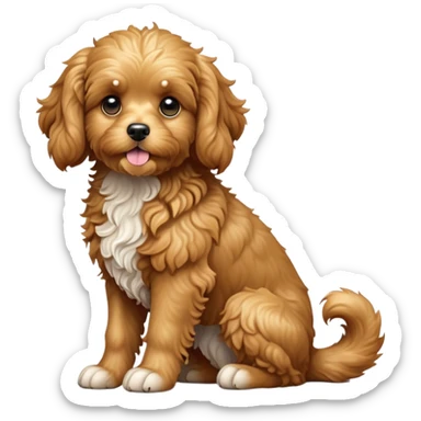 cinematic-[cavoodle dog]-realistic-full-body-sitting-emoji,-tail-resting-loosely-beside-its-paws,-head-tilted-dramatically,-very curly-[solid golden]-fur,-simplified-yet-realistic-focused-features,-highly-detailed,-glowing-with-an-almost-sarcastic-glow sticker