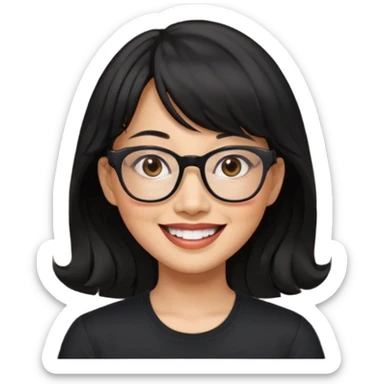 40 yr old asian woman wavy black hair bangs big glasses big smile tanned skin brown eyes sticker