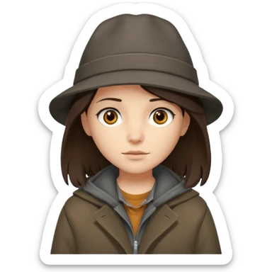 Hobo tomboy with shoulder-length center-parted dark brown hair. brown eyes, dark dull brown coat, grey shirt. sticker