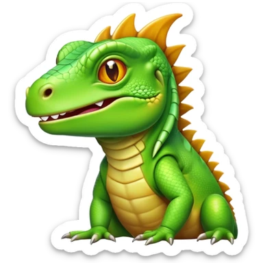 Cinematic Realistic Comical Iguana Portrait Emoji, Head tilted dramatically with an exaggeratedly amused expression, featuring a striking, glossy green-scaled body with bold natural textures and wide, expressive amber eyes brimming with playful disbelief, rendered with lifelike clarity and vibrant hues, high shine, dramatic yet playful, styled with an air of cheeky tropical mischief, soft glowing outline, capturing the essence of a spirited and over‐the‐top iguana that looks ready to charm its way into viral fame! sticker
