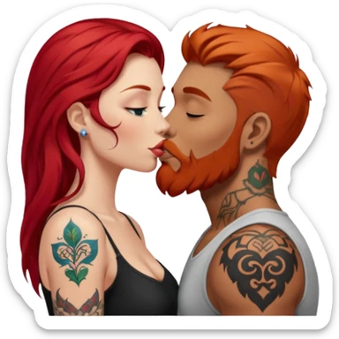 Long red hair woman with white skin kissing man with tan skin, short black hair, beard, & tattoos sticker