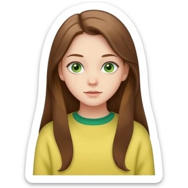 please create an emoji of a semi pale girl with long brown hair, green eyes, wearing a pastel yellow sweater sticker
