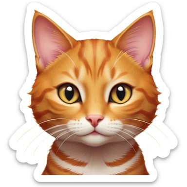Cinematic Cute Ginger Tabby Cat Portrait Emoji, Head tilted playfully and inquisitively, sleek orange-brown fur with bold tabby stripes and a distinctive M-shaped marking on the forehead, sparkling amber eyes, Simplified yet irresistibly adorable features, highly detailed, glowing with a warm, friendly glow, high shine, affectionate and curious, stylized with a touch of whimsy, bright and endearing, soft glowing outline, capturing the essence of a mischievous yet loving kitten, so playful it feels like it could pounce out of the screen and into your arms! sticker