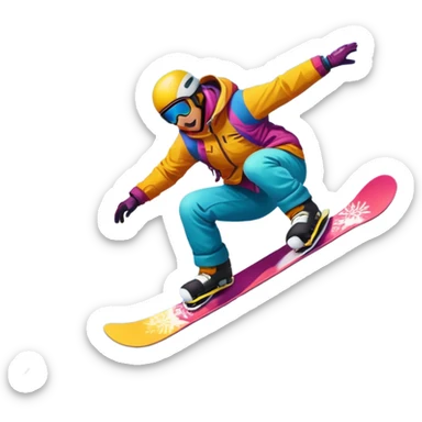 An icon showing a snowboarder performing an exciting jump on a snow-covered slope. The background features towering mountains, snow-covered trees, and a bright, clear sky. Transparent background highlights the speed, agility, and thrill of snowboarding. sticker
