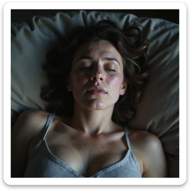 hyperrealistic 4K image of a woman with PCOS lying on a couch, tired face, eyes closed or half-open, dark circles, acne, facial hair, thin hair, realistic atmosphere sticker