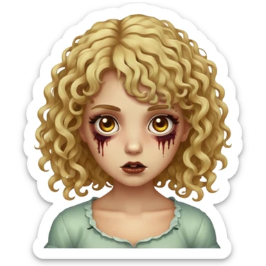uma garota zumbi de cabelo cor loiro mel forte, olhos castanhos escuros, o cabelo dela é cacheado e ela tem uma franja cacheada  sticker