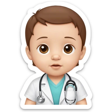 Brown hair baby, 4 months old, with a stethoscope sticker