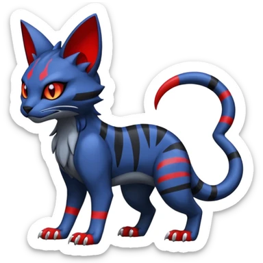 Vampiric scary spooky dark gloomy evil cute midnight blue-gray-black, with red markings, white belly, scaley scaly batty feline-like quadrupedal digitigrade furry feral Bastet-Noibat-Gatomon-Garchomp-Digimon-Fakémon-Pokémon-creature (full body) sticker