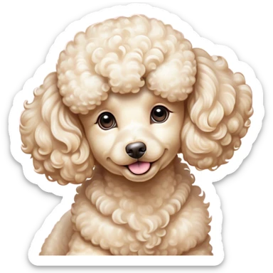 Cinematic Cute Cream Poodle Portrait Emoji, Head tilted playfully and inquisitively, showcasing a bouncy, curly cream Fur with a luminous sheen, round, sparkling warm eyes filled with curiosity, Simplified yet irresistibly adorable features, highly detailed, glowing with a warm, friendly glow, high shine, affectionate and lively, stylized with a touch of whimsy, bright and endearing, soft glowing outline, capturing the essence of a mischievous yet loving companion, so playful it feels like it could bounce out of the screen and into your arms! sticker