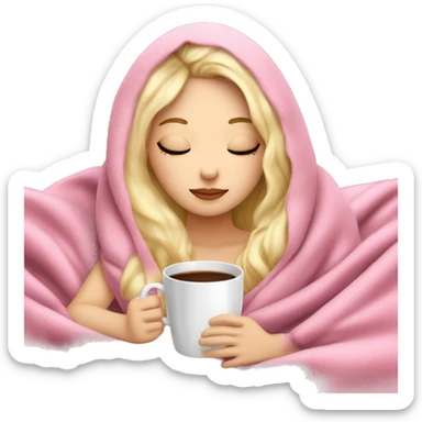 white blonde girl inside a pink blanket sipping coffee eyes closed sticker