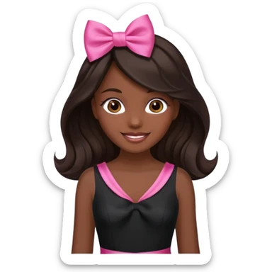 Create an emoji of a girl with dark skin, long dark brown hair with soft waves, a contoured face, brown eyes, wearing a black dress with a pink bow in the middle, and smiling. sticker