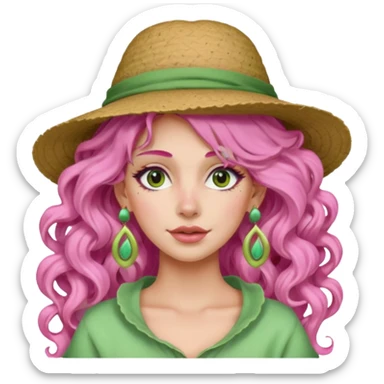 pink haired very long curly haired woman with full face light green clay mask  and big earrings and hat sticker