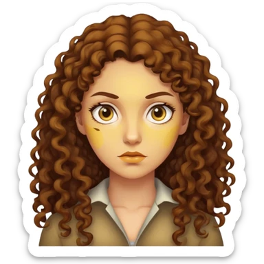 "- Nữ
- 30 tuổi
- Da vàng
- Tóc xoăn nhẹ màu nâu, dài 
- Mặt nghiêm túc
" sticker