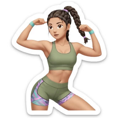 Athletic woman mid upper-body stretch, lean toned physique, defined legs and core, wearing a pastel sports bra and high-waisted patterned workout shorts, dark hair in two braids olive skin, focused expression, natural lighting sticker