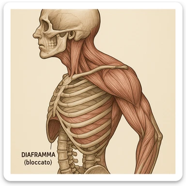vista laterale del busto umano con diaframma bloccato, muscoli del trapezio e sternocleidomastoideo tesi, scapole evidenziate, didascalia in italiano sticker