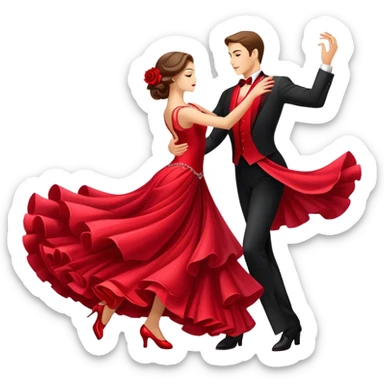 humanless Icon for Ballroom Dancing: a pair of ballroom dance shoes, a rose, a dance floor, a flowing, voluminous ballroom dress in motion, and a shining spotlight. The icon should represent the elegance and atmosphere of ballroom dancing, focusing on the attire and setting. Transparent background. sticker