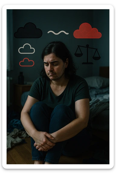 Donna tra i 25 e i 35 anni seduta da sola in una stanza, con lo sguardo basso e un’espressione di frustrazione e stanchezza. Sul volto si notano peli visibili sul mento e sopra il labbro, simbolo di irsutismo. Intorno a lei, l’ambiente appare disordinato, con luci fredde e atmosfera pesante. In trasparenza, simboli stilizzati di sbalzi d’umore (nuvole scure e rosse alternate a simboli di calma), e una bilancia emotiva sbilanciata. Le mani stringono le gambe, in gesto di disagio fisico ed emotivo. Colori cupi con accenti contrastanti. Stile realistico con elementi simbolici sticker