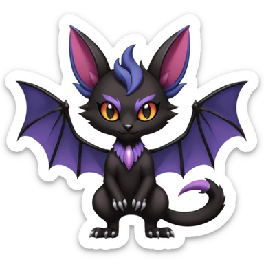 dark spooky badass cool shiny glossy smooth soft Black edgy Noivern-Noibat-Purloin-Torracat-Lykoi-Caracal-cat-Fakemon-fusion-hybrid-creature with bat wings on head as ears, big fangs, gothic markings sticker