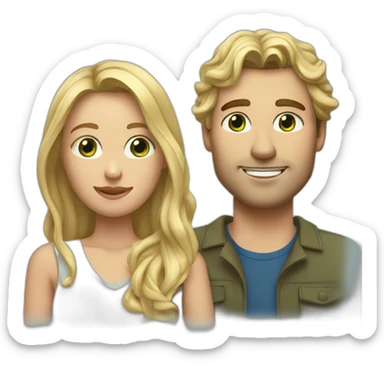 An american couple. The woman is blonde and has blue eyes and EXTREMELY long wavy hair. The man has brown, short hair, his left ear is perced. His eyes are green sticker