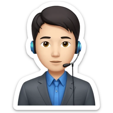 A young Asian man with smooth light skin, dark hair that swoops upward in the front, expressive eyes, a clean-shaven face, and a call-center style headset over one ear, usually paired with a crisp shirt and suit jacket visible from the chest up. sticker