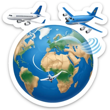 Generate a Google-style emoji representation that is not hyper-realistic but maintains a clear and recognizable depiction of a globe showing Europe and Africa.Include a plane flying around the globe, leaving a visible air trail. ensure the design can be easily understood at a small scale sticker