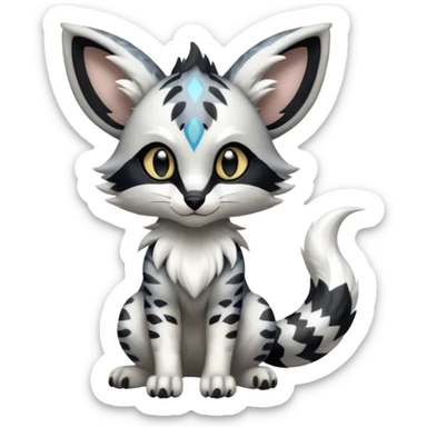 Futuristic furry fluffy floofy feathery tribal marked Genet-Absol-Kyurem-Zeraora-Primagen-fusion-creature  with big wide ears  sticker
