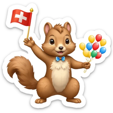 cute squirrel tossing confetti in the air, Swiss flag in paw, emoji style sticker
