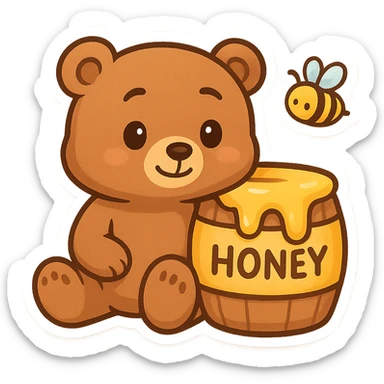 Create a second version of the cartoon bear and honey barrel scene for a 'find the differences' game. Make three subtle changes: change the bear's expression slightly, alter the shape of the honey on the barrel, and move the bee to a different position. Keep the style and layout consistent with the original chibi stickers style. sticker